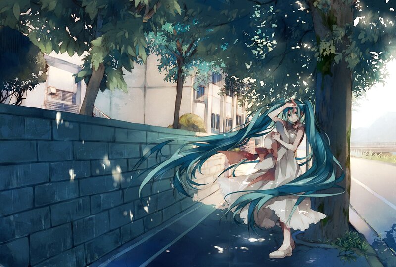 Blue-haired Girl in Dress — Blue, Serene, Afternoon, Anime, Tree