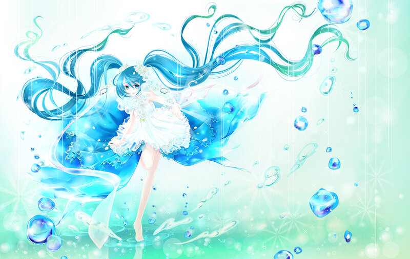 Blue-haired Girl in Dress — Blue, Serene, Anime, Bubbles