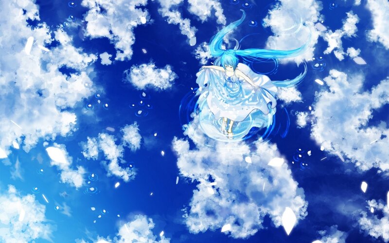 Blue-haired Girl in Dress — Blue, Serene, Anime, Clouds