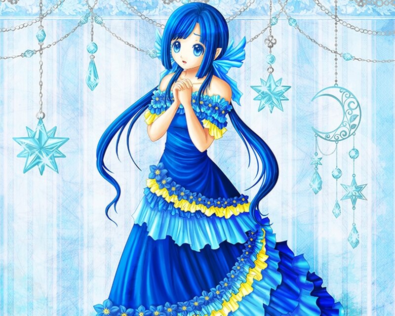 Blue-haired Girl in Dress — Blue, Serene, Anime, Crystals