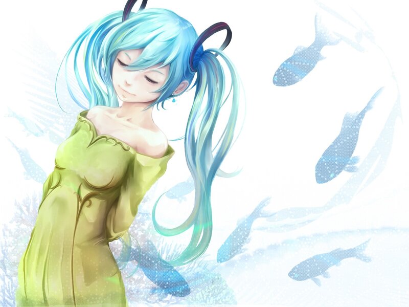 Blue-haired Girl in Dress — Blue, Serene, Anime, Fish