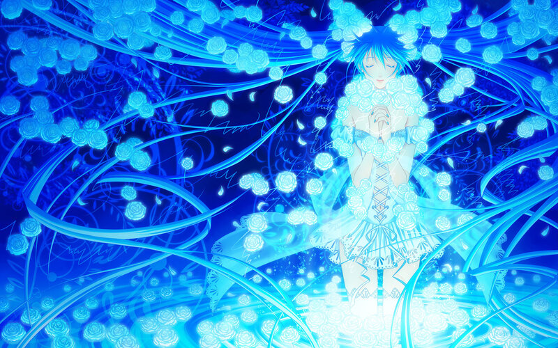 Blue-haired Girl in Dress — Blue, Serene, Anime, Roses