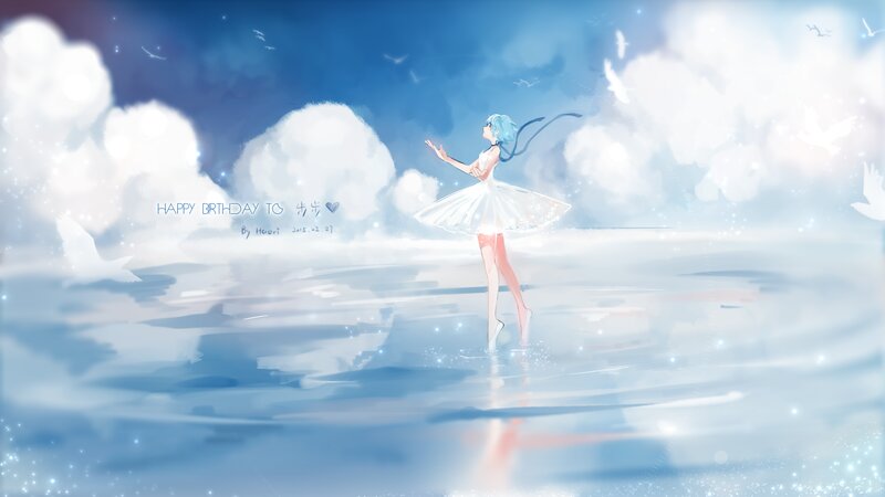 Blue-haired Girl in Dress — Blue, Serene, Digital Art, Clouds