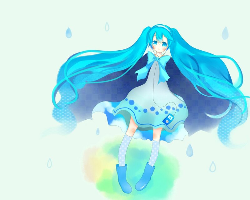 Blue-haired Girl in Dress — Blue, Serene, Digital Art, Raindrops