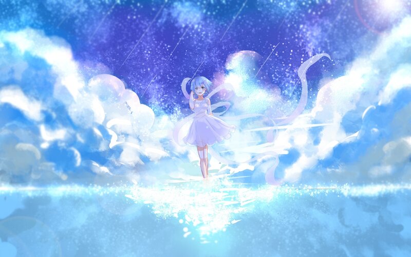 Blue-haired Girl in Dress — Blue, Serene, Night, Anime, Clouds