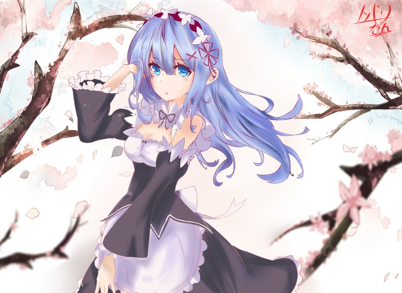 Blue-haired Girl in Dress — Blue, Serene, Spring, Anime, Cherry Blossoms, Branches