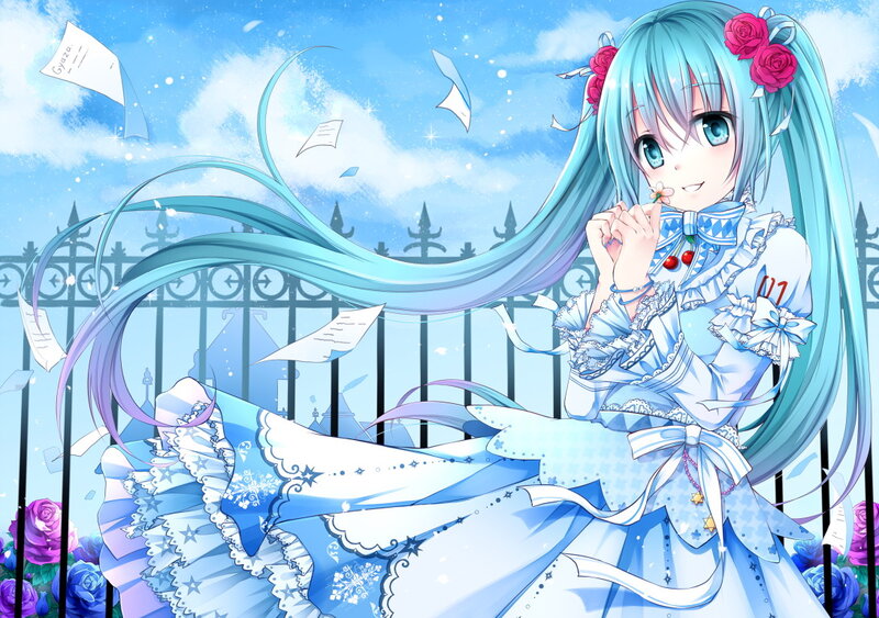 Blue-haired Girl in Dress — Blue, Serene, Spring, Anime