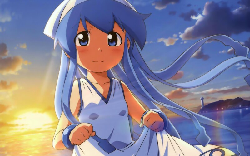 Blue-haired Girl in Dress — Blue, Serene, Sunset, Anime