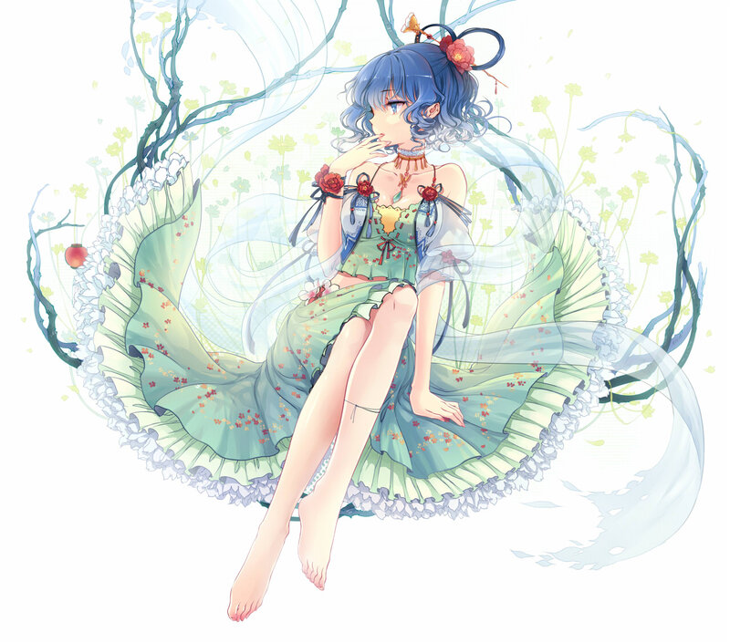 Blue-haired Girl in Dress — Green, Serene, Digital Art