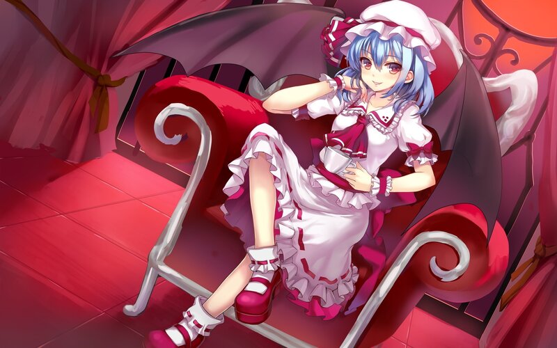 Blue-haired Girl in Dress — Red, Calm, Anime