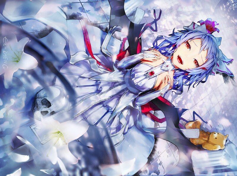 Blue-haired Girl in Dress — White, Dramatic, Digital Art