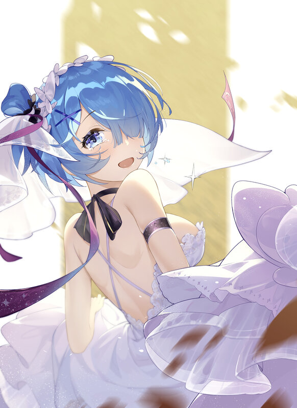 Blue-haired Girl in Dress — White, Dreamy, Anime, Ribbons