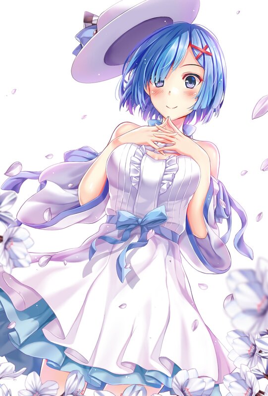 Blue-haired Girl in Dress — White, Serene, Spring, Anime