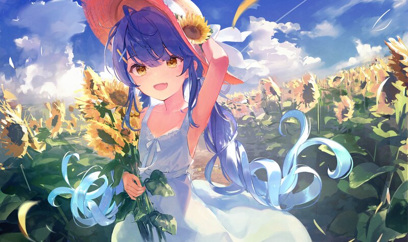 Blue-haired Girl in Field — Blue, Serene, Afternoon, Digital Art