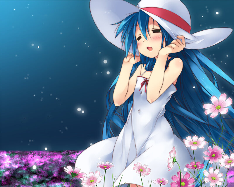 Blue-haired Girl in Field — Blue, Serene, Night, Anime, Flowers