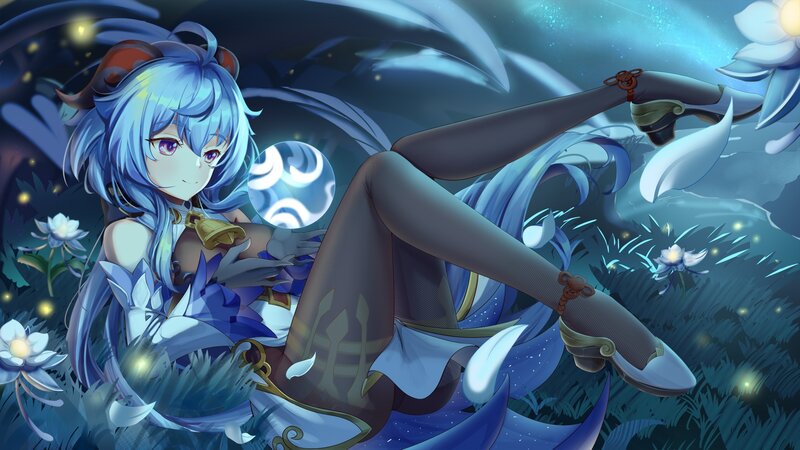 Blue-haired Girl in Field — Blue, Serene, Night, Digital Art
