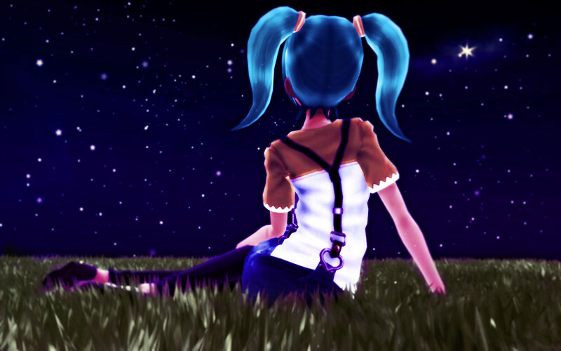 Blue-haired Girl in Field — Blue, Serene, Night