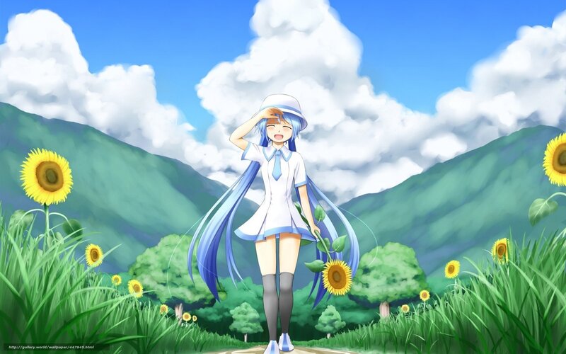 Blue-haired Girl in Field — Green, Serene, Afternoon, Anime