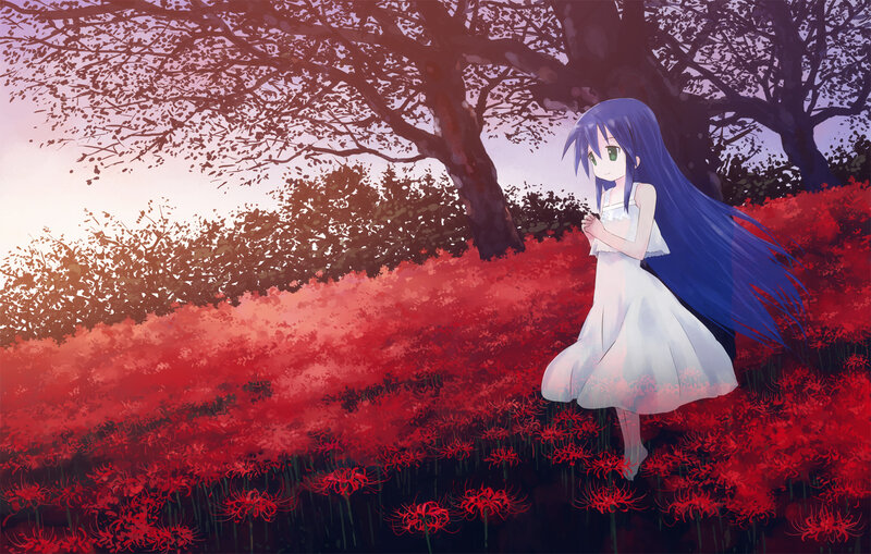 Blue-haired Girl in Field — Red, Serene