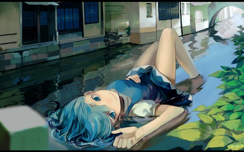 Blue-haired girl in flooded street