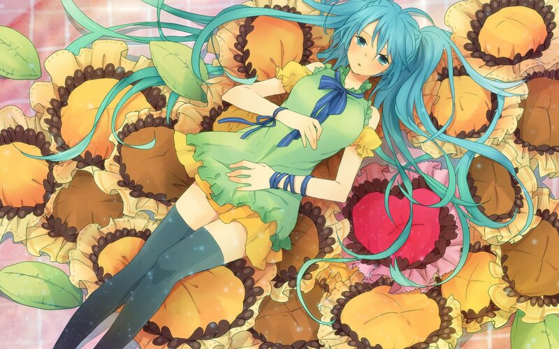 blue-haired girl in floral bed