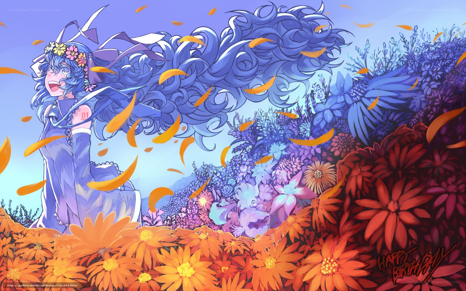 blue-haired girl in flower field