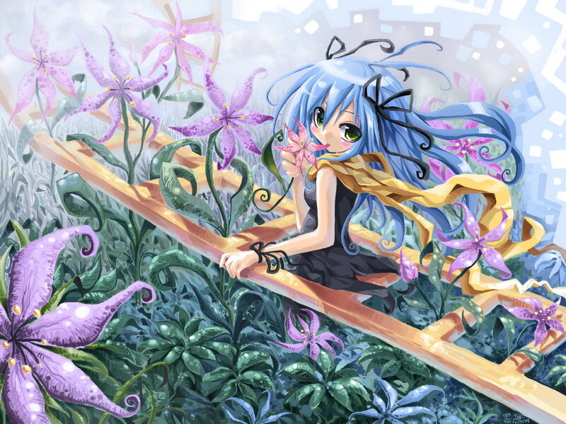 Blue-haired girl in flower garden