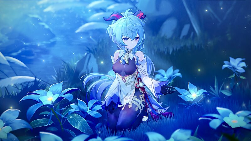 Blue-haired Girl in Flowers — Blue, Serene, Night, Digital Art