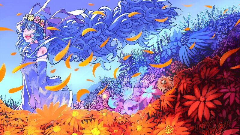Blue-haired Girl in Flowers — Blue, Vibrant