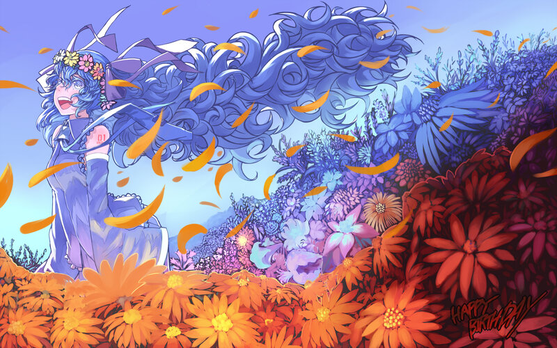 Blue-haired Girl in Flowers — Purple