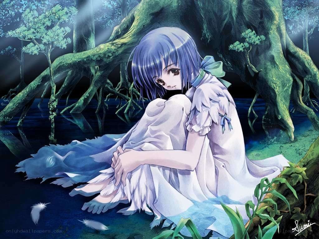 Blue-haired girl in forest