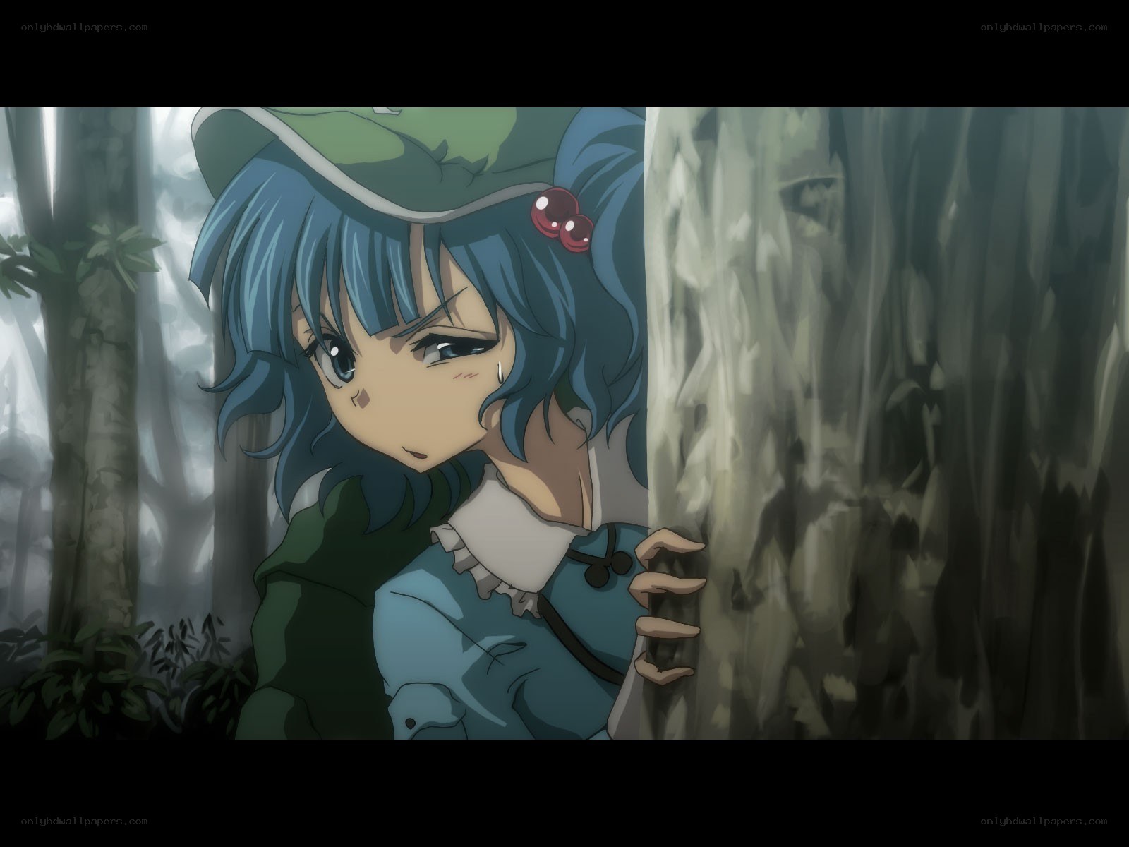 blue-haired girl in forest