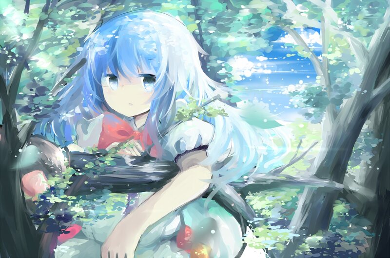 blue-haired girl in forest