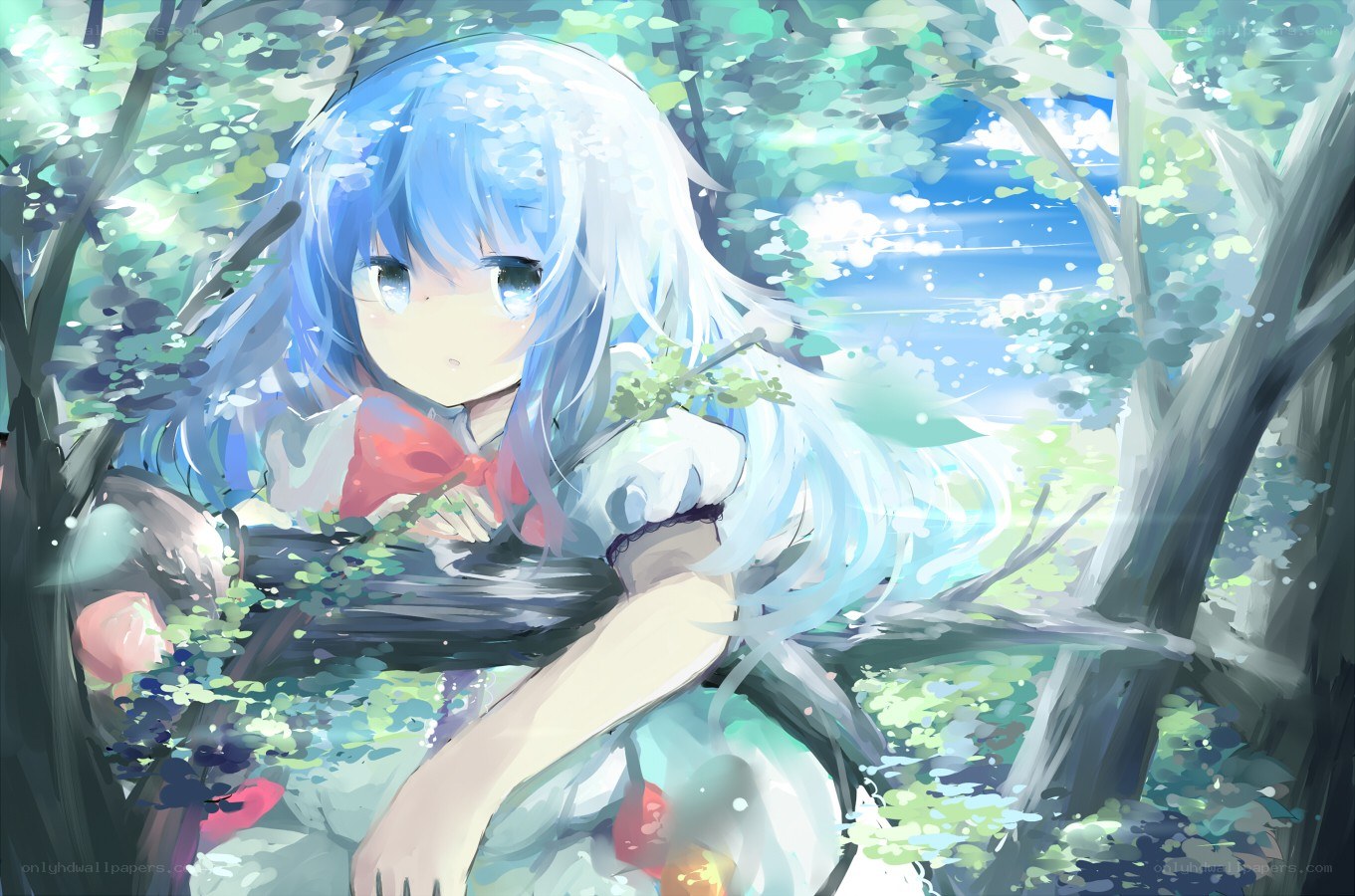 blue-haired girl in forest