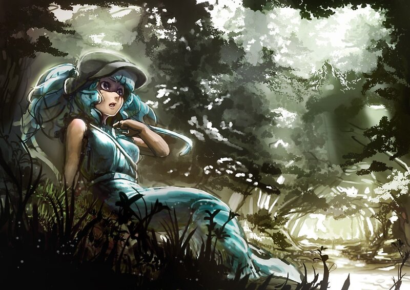 blue-haired girl in forest