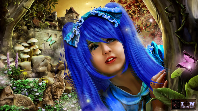 Blue-haired Girl in Forest — Blue, Fantasy