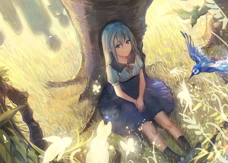 Blue-haired Girl in Forest — Blue, Serene, Afternoon, Digital Art