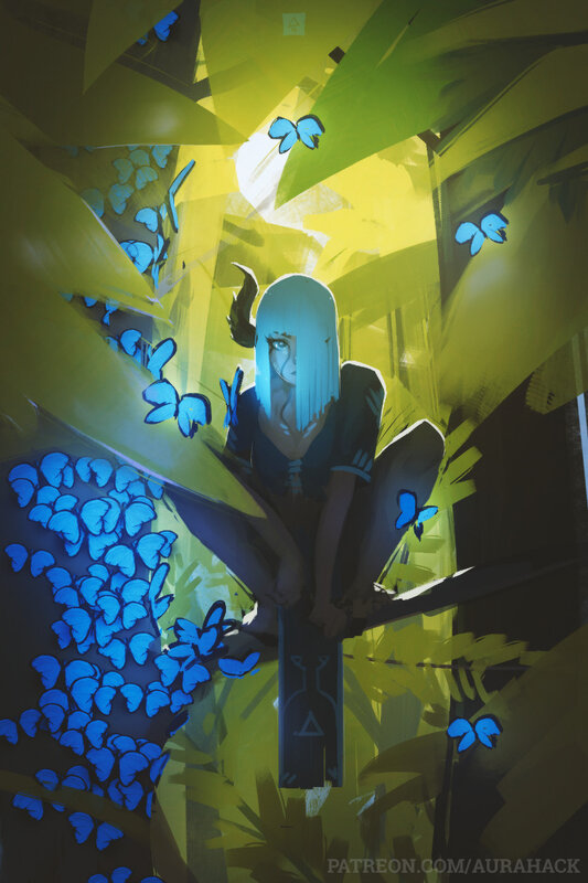 Blue-haired Girl in Forest — Green, Dramatic, Night