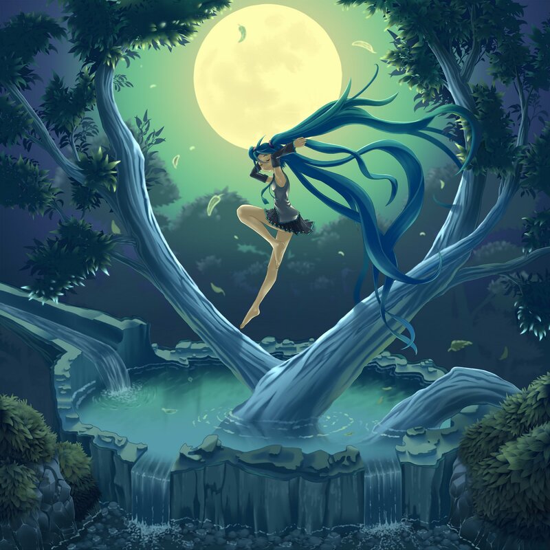 Blue-haired Girl in Forest — Green, Serene, Night, Digital Art
