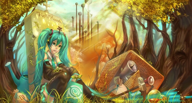 Blue-haired Girl in Forest — Green, Serene