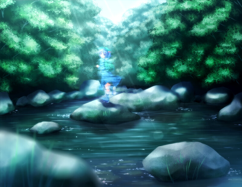 Blue-haired Girl in Forest — Green