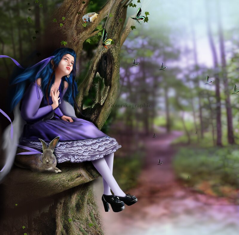 Blue-haired Girl in Forest — Purple, Serene, Afternoon, Digital Art