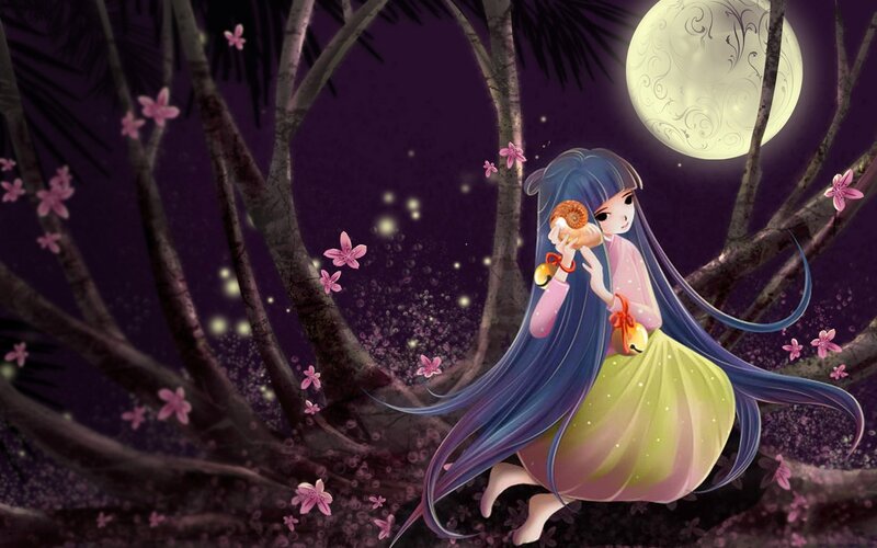 Blue-haired Girl in Forest — Purple, Serene
