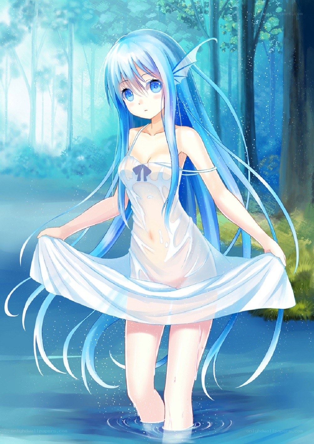 blue-haired girl in forest stream