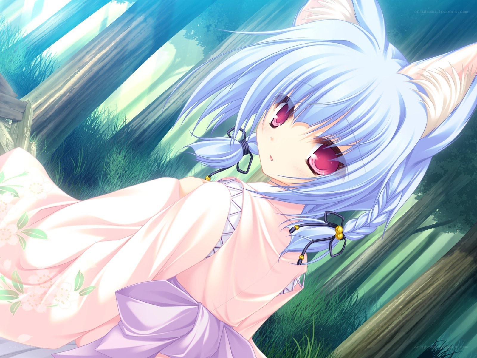 blue-haired girl in forest