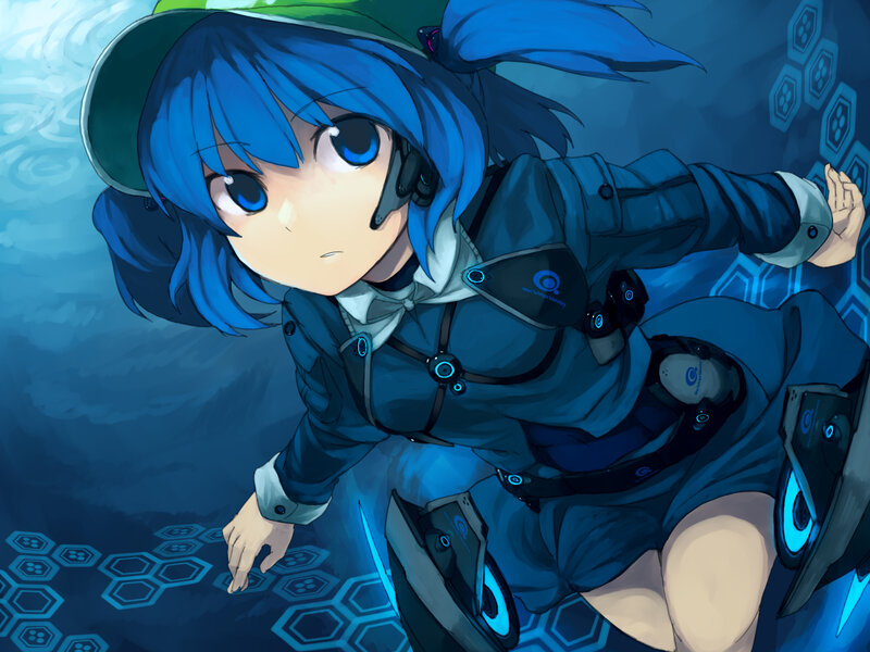 blue-haired girl in futuristic gear