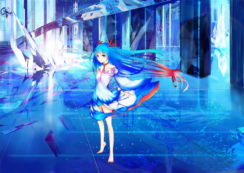 blue-haired girl in futuristic setting