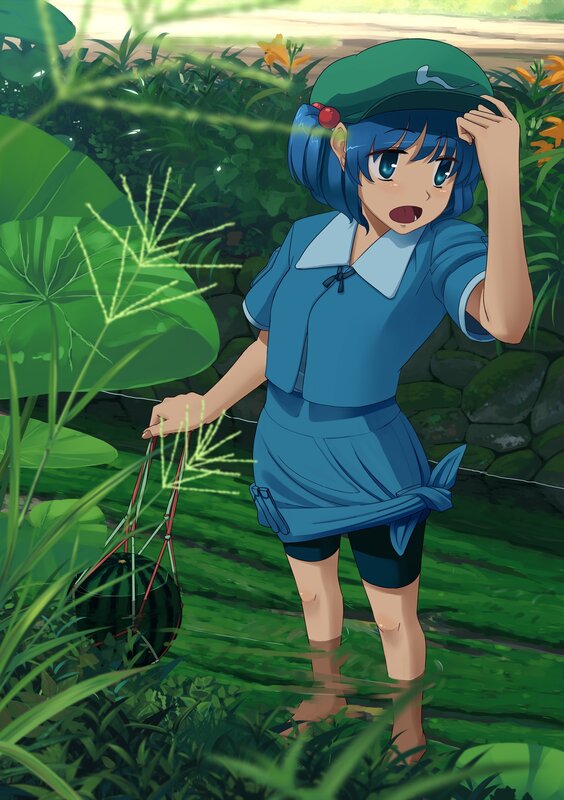 blue-haired girl in garden