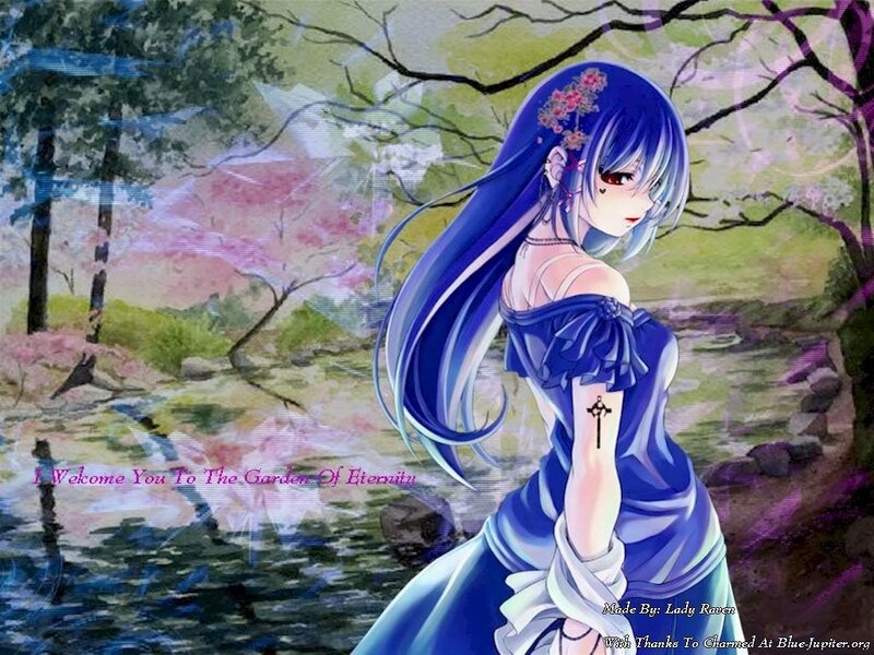 Blue-haired girl in garden