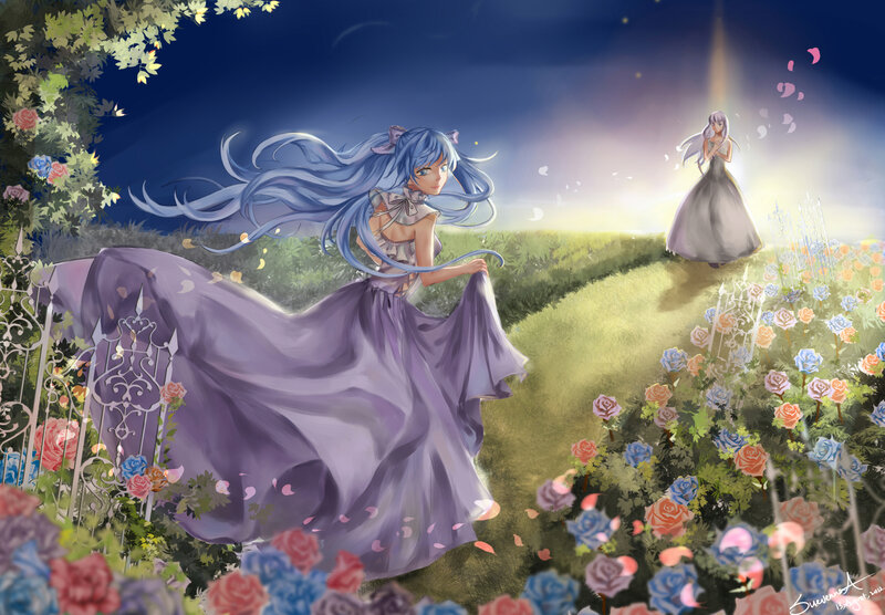 Blue-haired Girl in Garden — Purple